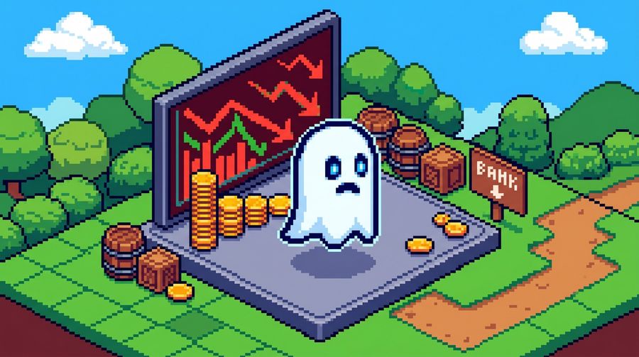 Pixel art ghost character with glowing blue eyes watching ranking charts crash on a pixel monitor in an isometric 8-bit game scene