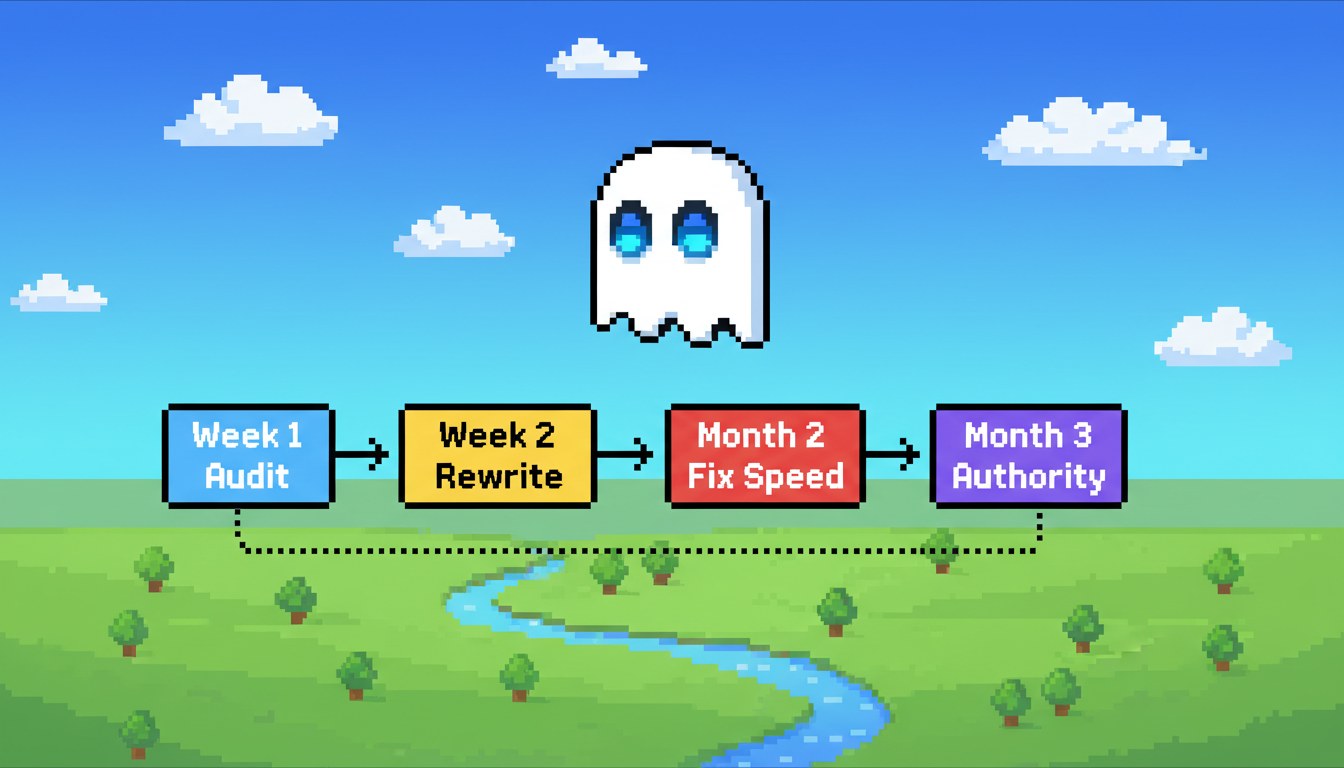 Pixel art infographic showing the Google core update recovery process step by step from audit to authority building